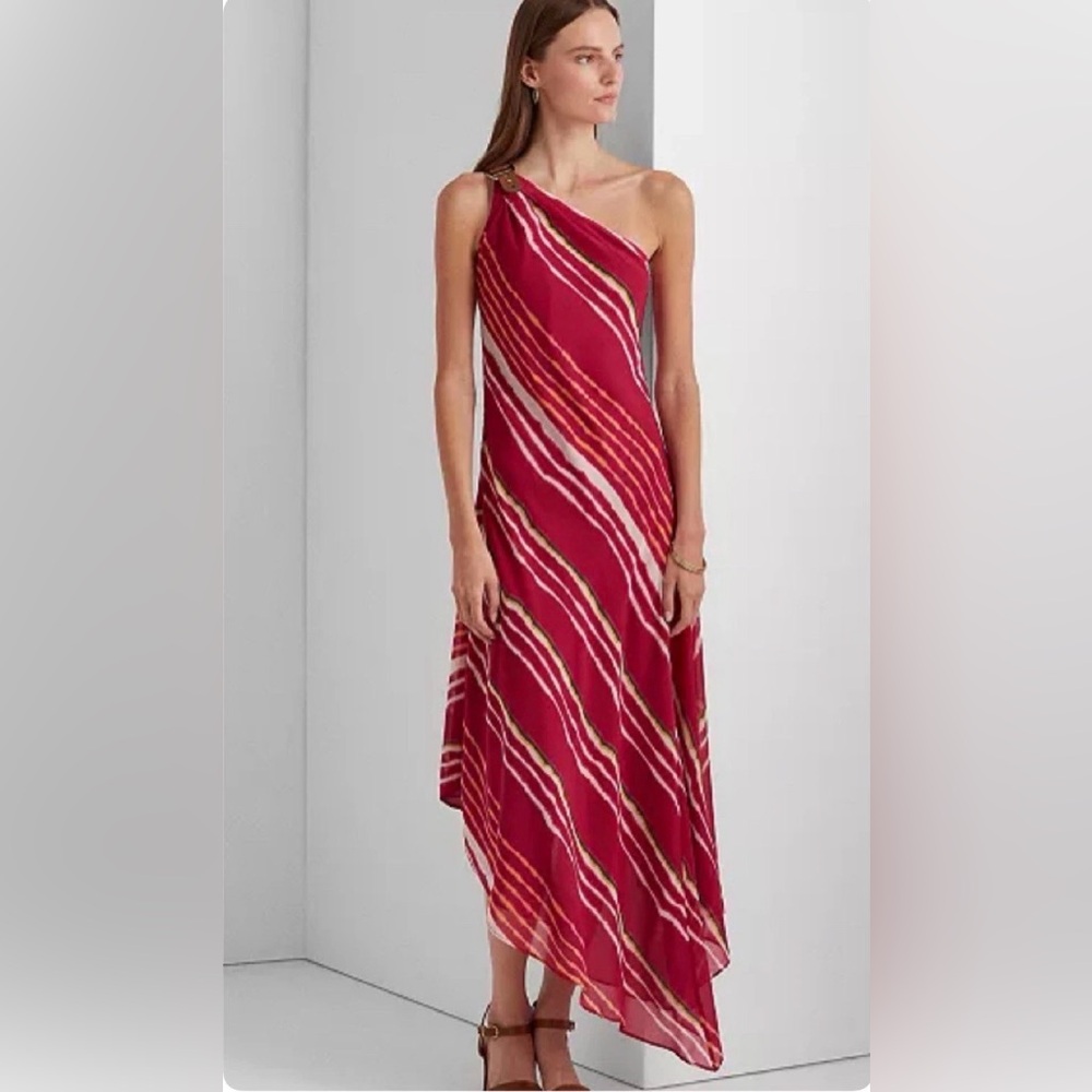 Ralph Lauren One-Shoulder Striped Magenta Maxi Dress